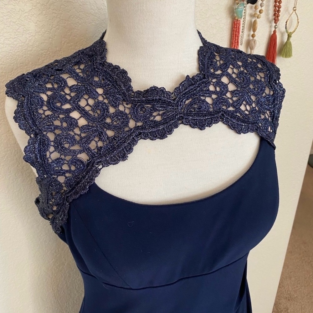 Xscape Navy Midi Dress with Lace Detail - Picture 2 of 4